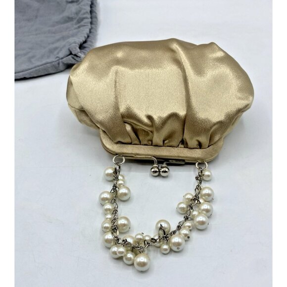 Carolee Mini Handbag Gold Satin Beaded Handle Evening Clutch Kiss Lock Purse - Picture 9 of 16
